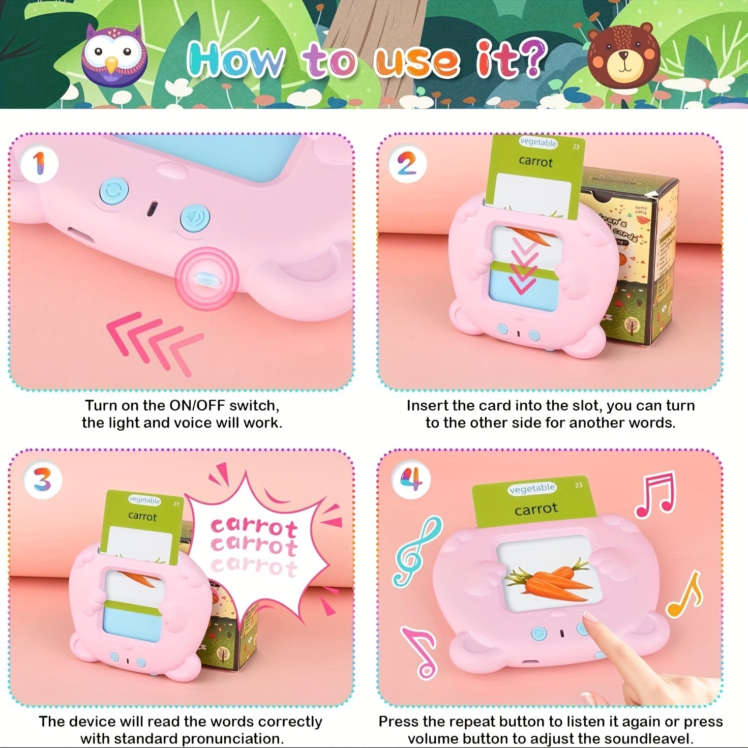 Talking Flash Cards Bear Shaped Sight Words Educational Learning Toy Toddler Kindergarten Preschool Speech Gift Kids Ages 2-6