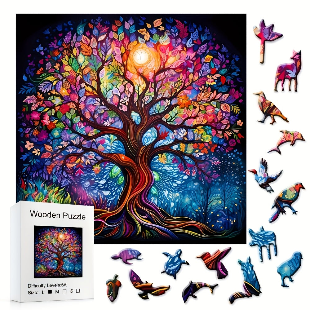 501-Piece Wooden Jigsaw Puzzle - Tree of Life with Animals & Aliens, Wooden Box Brain Teaser Game, Room Decoration & Educational Gift for Christmas Halloween Birthday