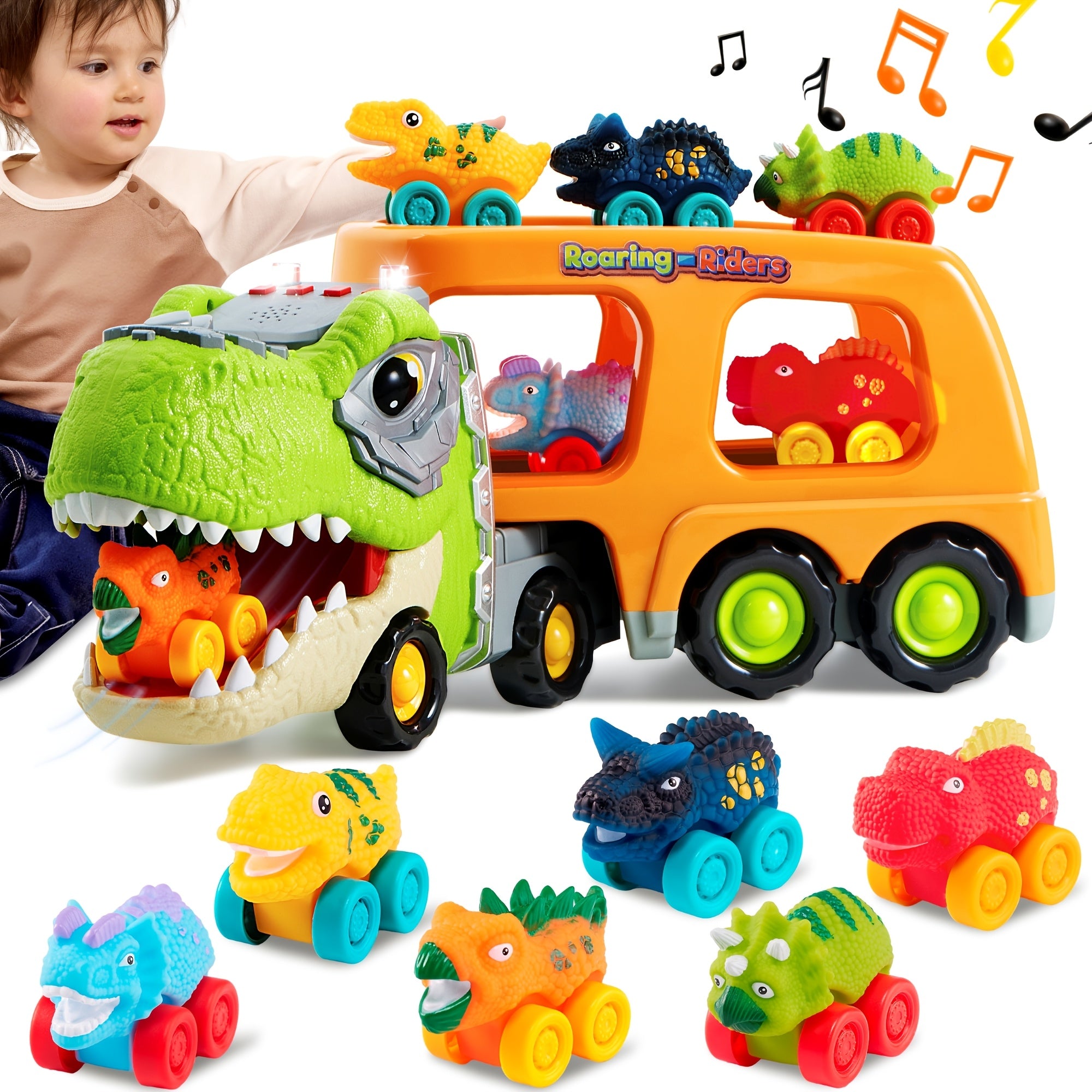 Dinosaur Car Carrier Truck Toy for Kids with 6 Rubber Dino Vehicles, Sliding Ramp, Music & LED Lights – 2-Level Storage, Birthday Christmas Gift for Boys & Girls Ages 3+
