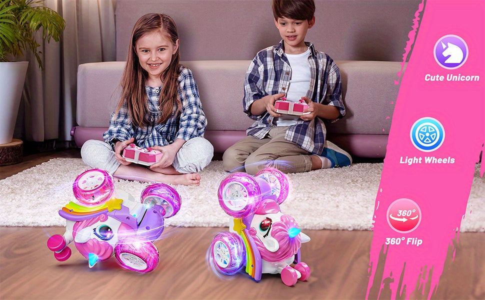 Unicorn RC Car for Girls 360 Degree Stunt Remote Control Car 4WD Rechargeable LED Lights Indoor Outdoor Toy Kids Halloween Christmas Birthday New Year Gift