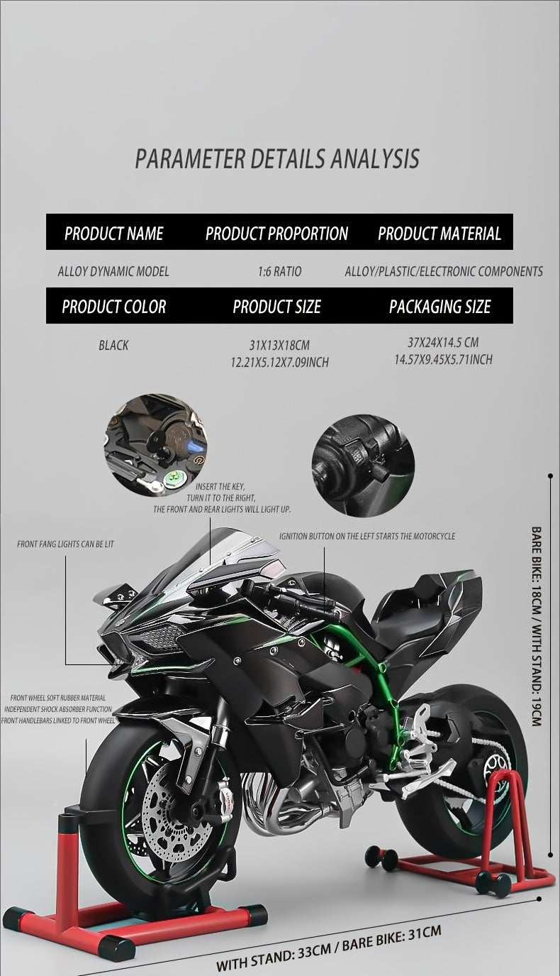 Die-Cast Motorcycle Model with Realistic Sound Effects & Exhaust Spray – 1:6 Scale Alloy Replica with LED Lights, Rotating Wheels & 8 Accessories, Collector Gift for Motorcycle Enthusiasts