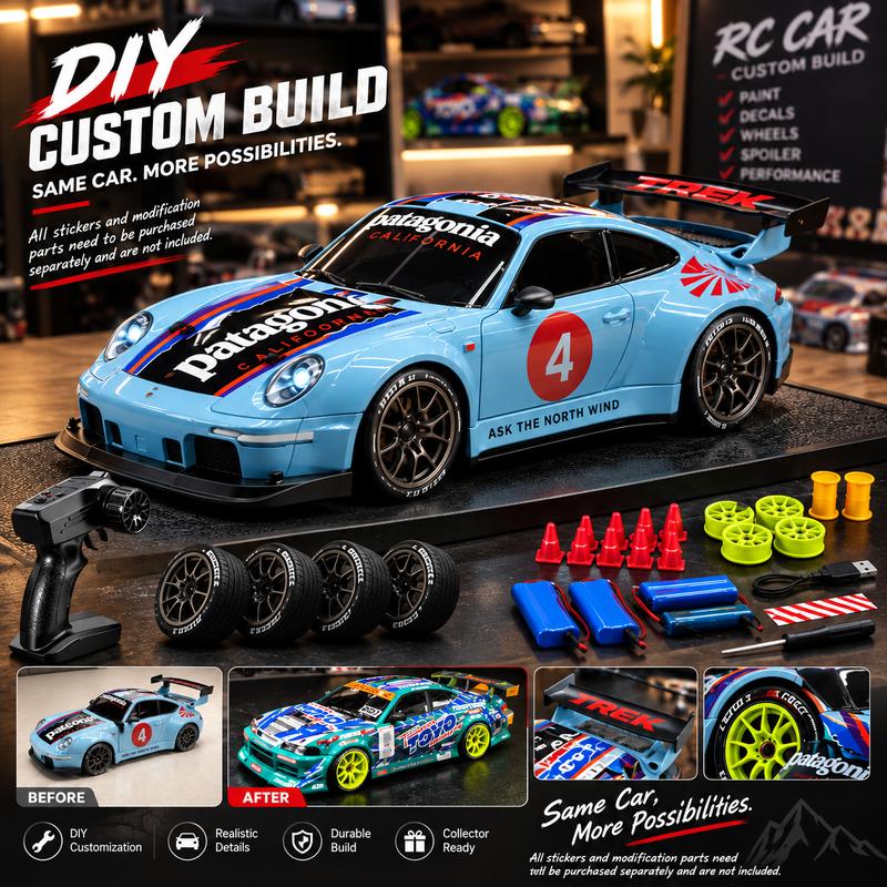 4WD RC Drift Car with Dual Rechargeable Batteries, 1:24 Scale 2.4GHz Remote Control Racer with LED Lights and Swap Tires for Kids Ages 5+