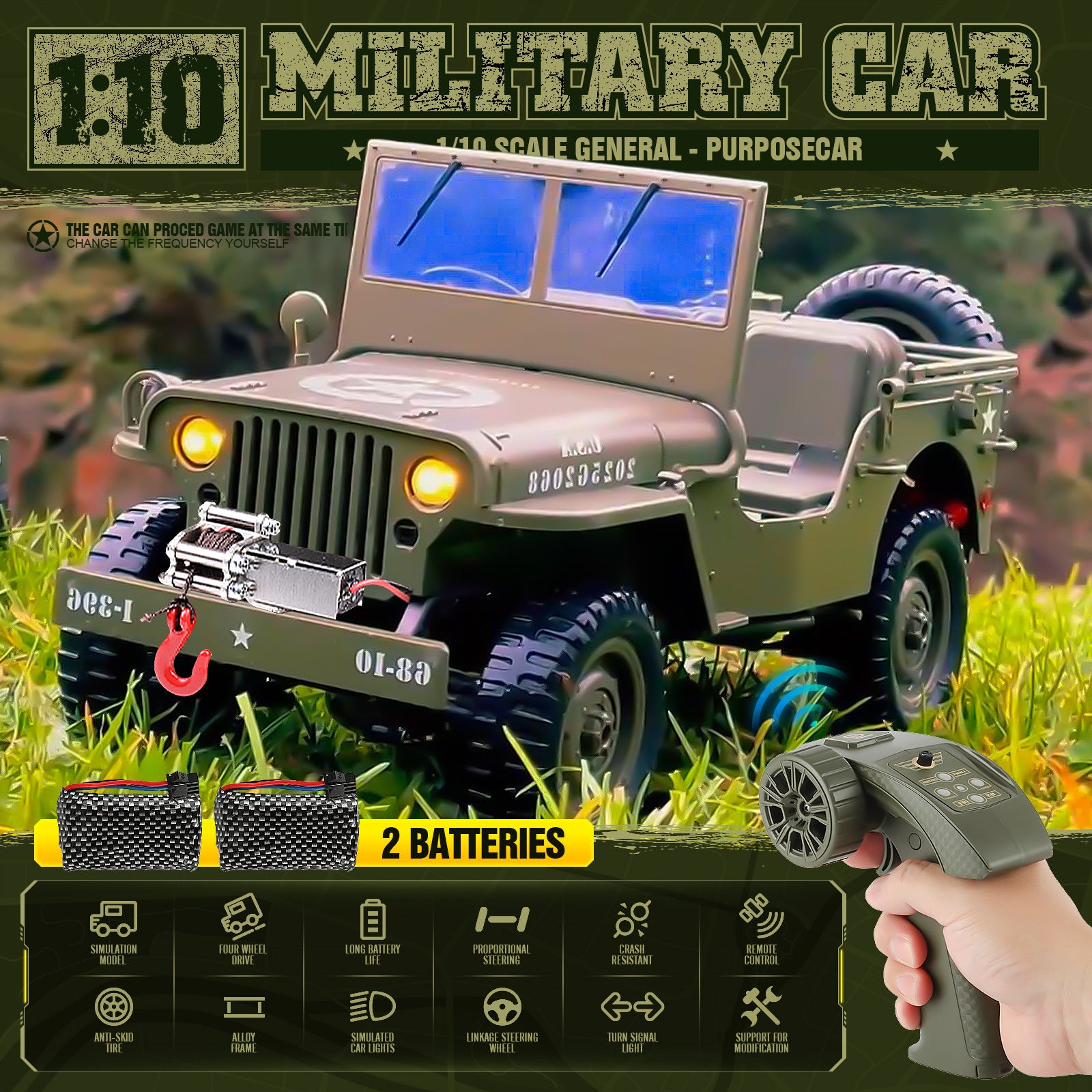 RC Truck 1:10 Scale 4WD 4x4 Off Road Remote Control Car Full Proportional 2 Rechargeable Batteries All Terrain Big RC Vehicle Gift for Boys Youth