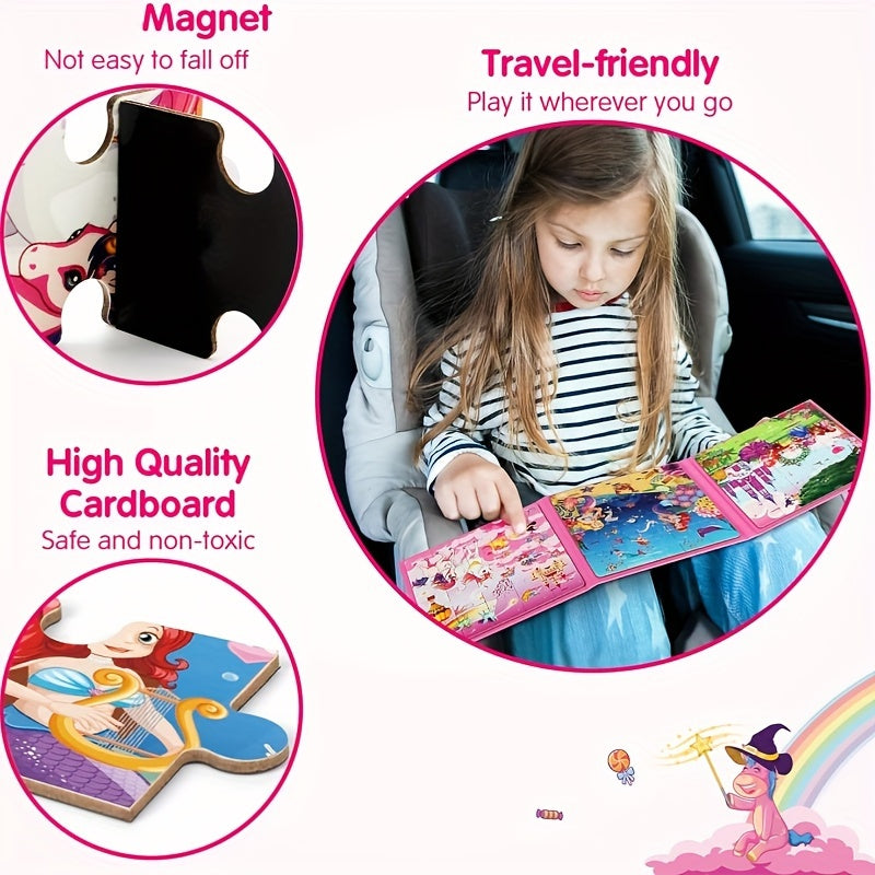 Magnetic Puzzle Book for Girls Ages 3 4 5 6 Unicorn Mermaid Princess 20pcs Travel Toy Toddler Busy Book Car Airplane Road Trip - Birthday Gift