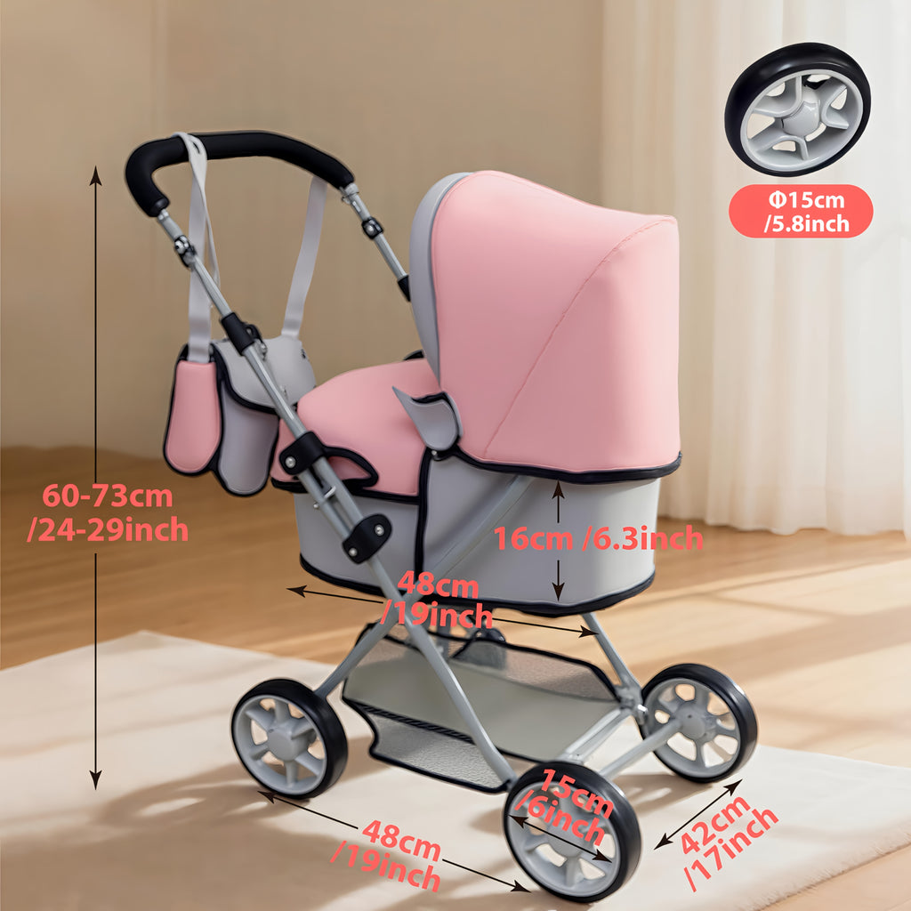 Foldable Doll Stroller for 16-20 Inch Dolls with Adjustable Handle Storage Basket & Shoulder Bag – Caregiver Role Play Toy Gift for Girls Gray Pink