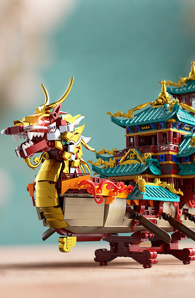 2453-Piece Dragon Boat Building Block Set Large Scale Chinese Dragon Boat Festival Model Kit - ABS Bricks Medium Difficulty, Unique Cultural Display Piece, Gift for Adults Teens Collectors