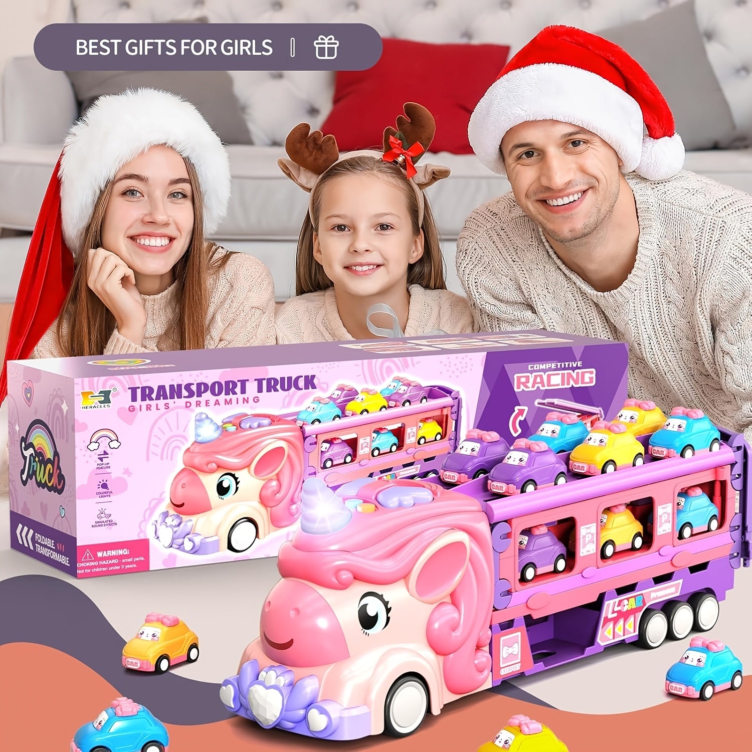 Pink Monster Truck Track Set with 8 Princess Cars – Light & Sound Friction Power, 2-Player Fold-Out Race Track Toy for Girls Boys Ages 3 4 5