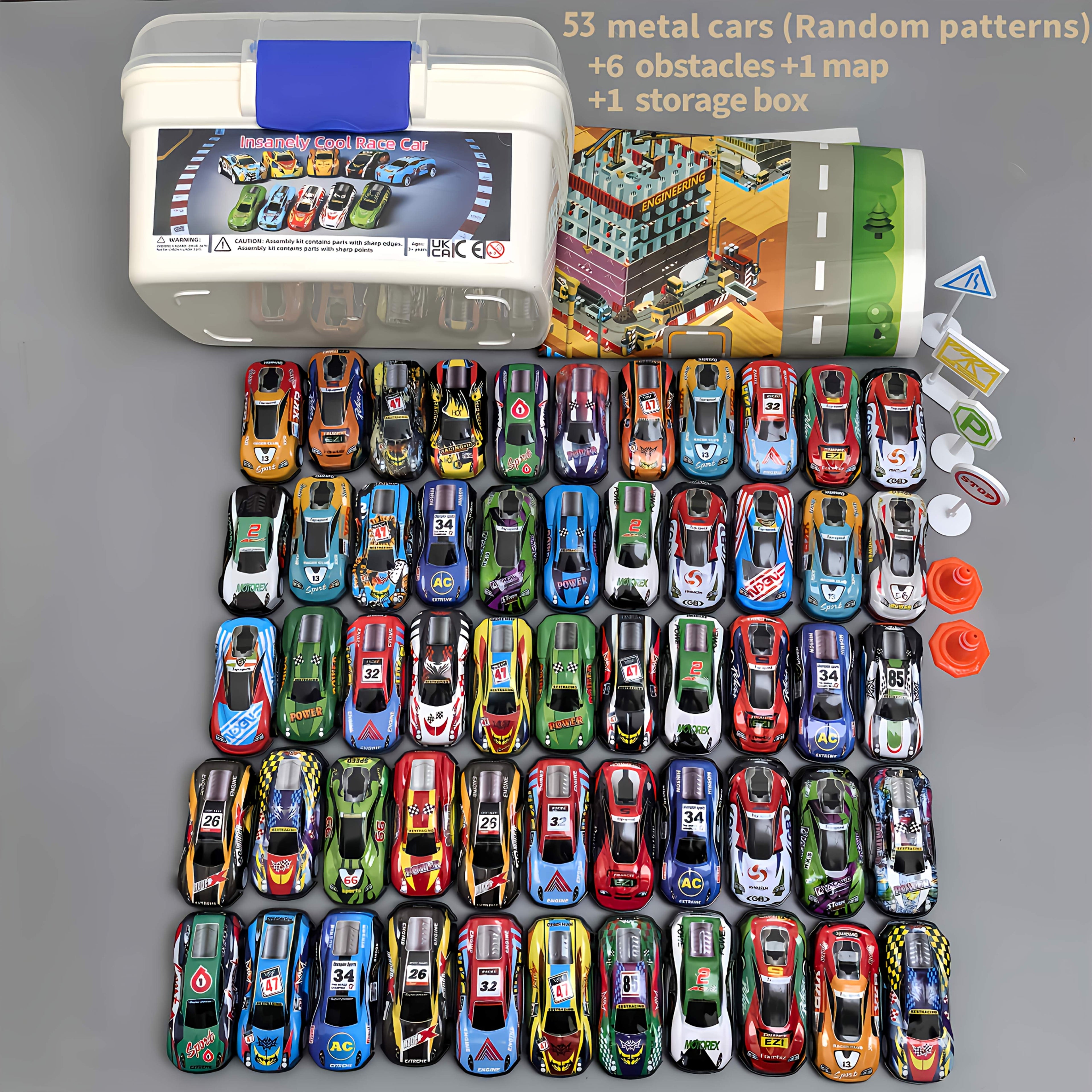 Pull Back Cars 60pcs Mini Race Car Set with Storage Box Foldable City Play Mat Traffic Signs - No Battery Tin Toy Gift for Boys Girls Ages 3+