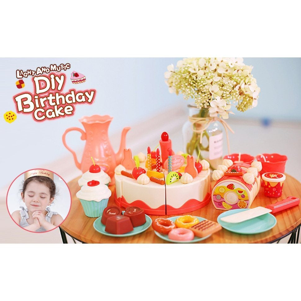 Birthday Cake Tea Party Play Food Toy Set Kids Pretend Play Cake Decorating Dessert Accessories 75-85pcs Girls Ages 3+