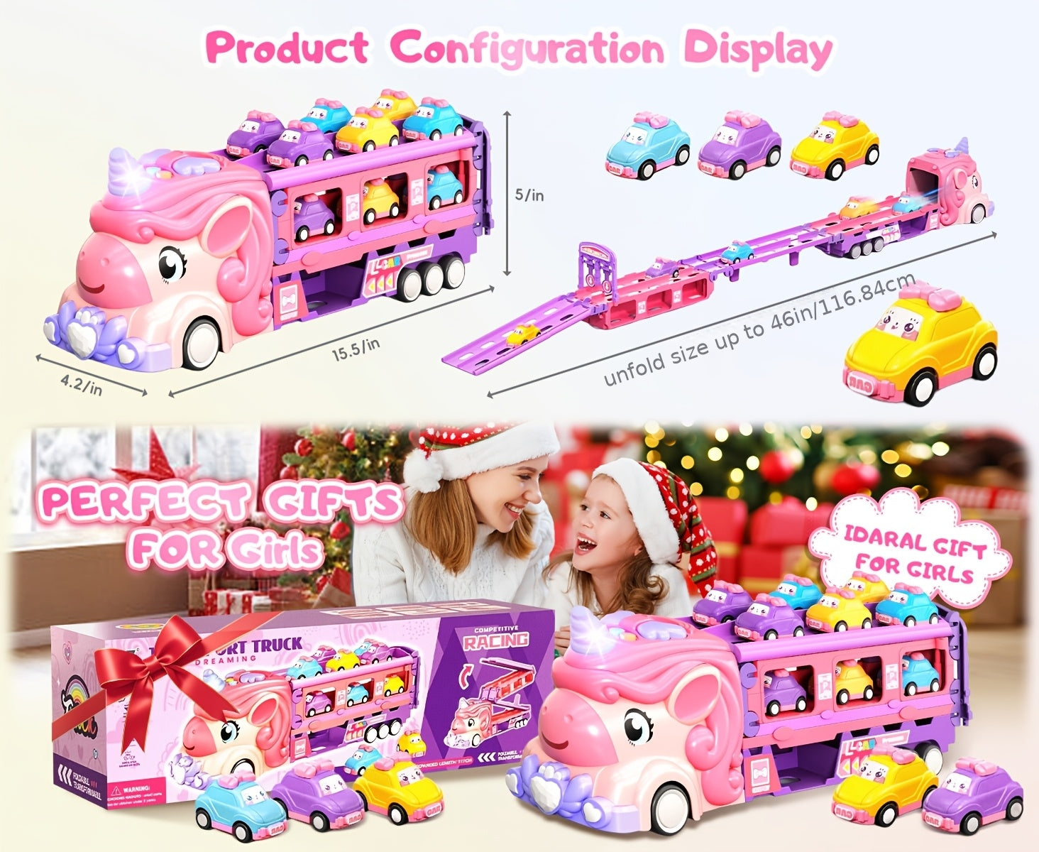Pink Monster Truck Track Set with 8 Princess Cars – Light & Sound Friction Power, 2-Player Fold-Out Race Track Toy for Girls Boys Ages 3 4 5