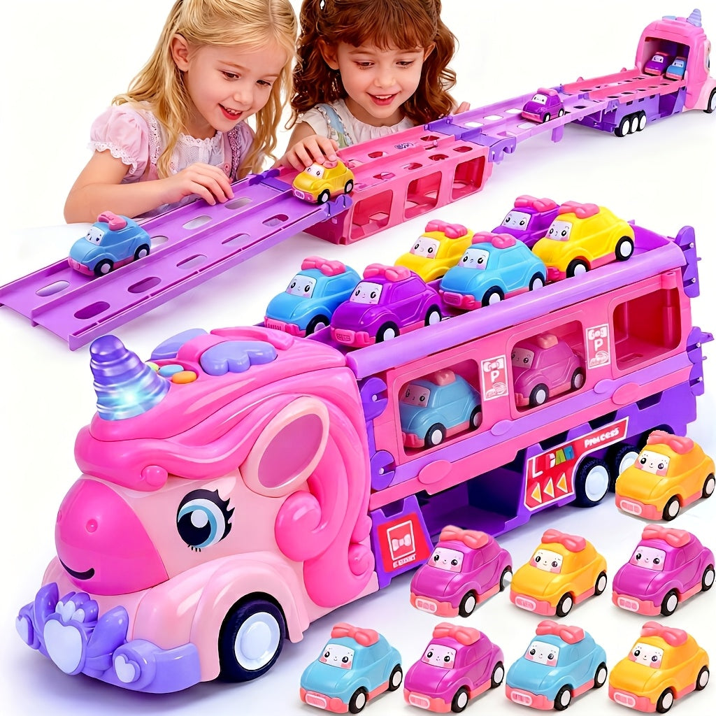 Pink Monster Truck Track Set with 8 Princess Cars – Light & Sound Friction Power, 2-Player Fold-Out Race Track Toy for Girls Boys Ages 3 4 5