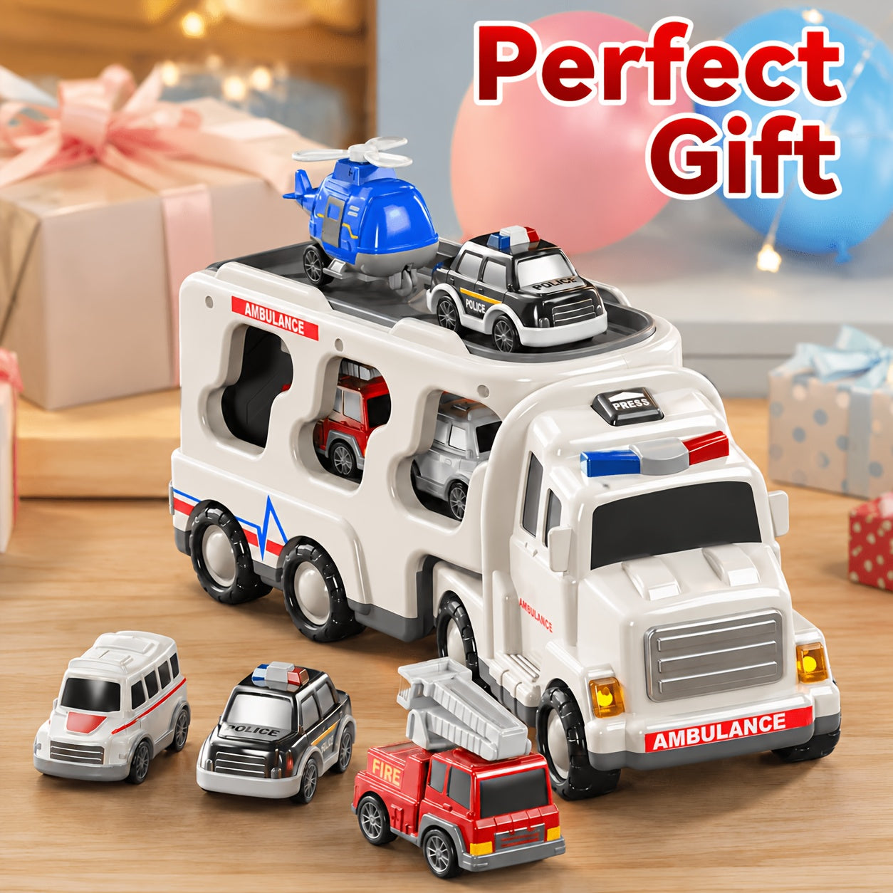 5-in-1 Emergency Vehicle Toy Set with Lights & Sounds – Friction Power Ambulance, Police Car, Fire Truck & Rescue Helicopter for Kids