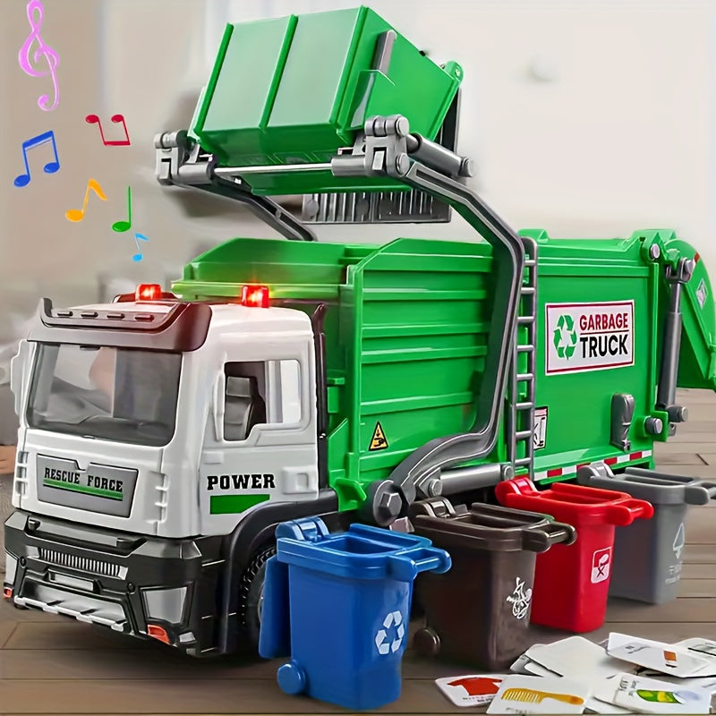 Garbage Truck Toy with Sound & Light for Kids – Includes 4 Trash Sorting Bins, Sanitation Engineering Vehicle Model, Fun Recycling Play Gift for Boys & Girls Ages 3+