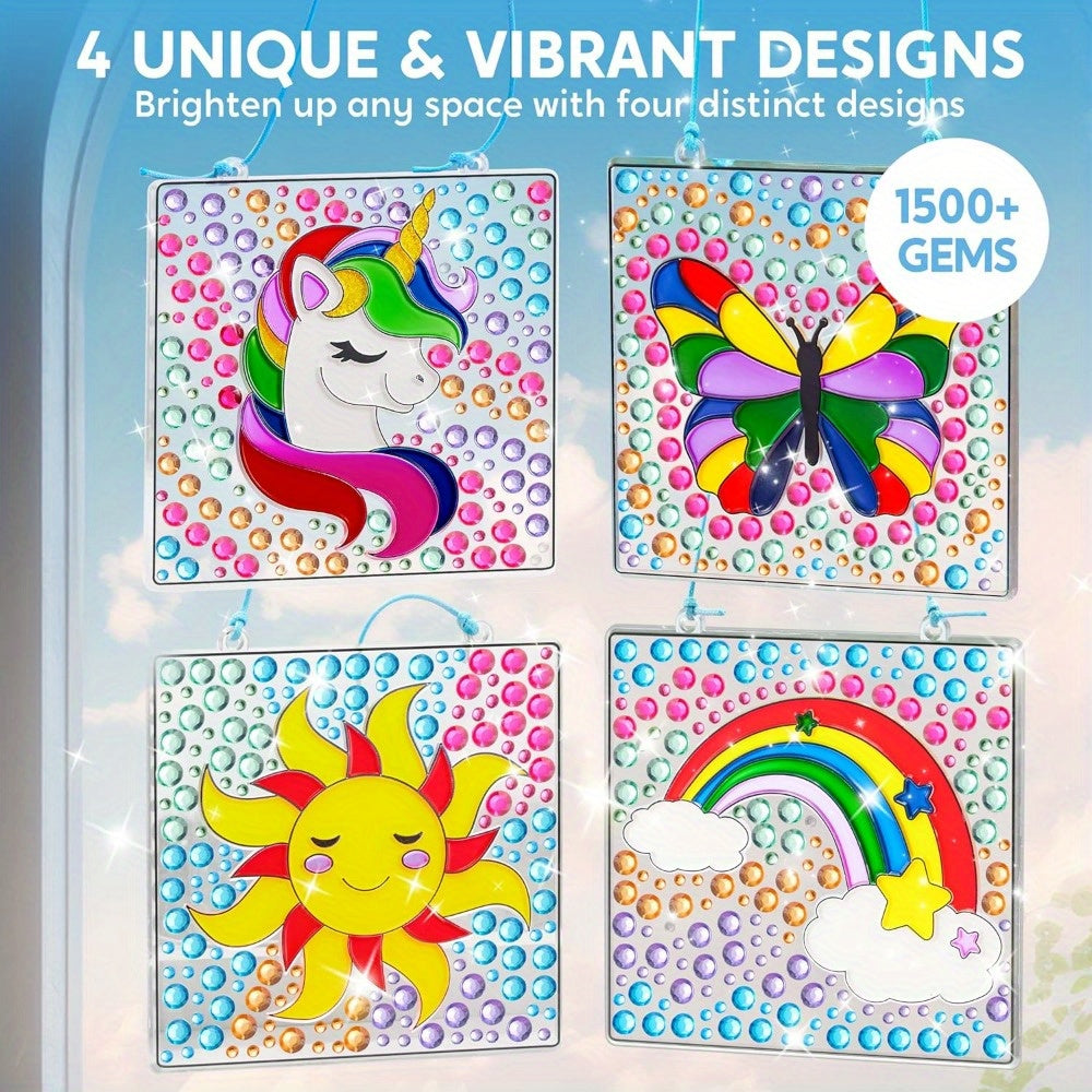4-Piece Suncatcher Painting Kit 2-in-1 Gem Stickers and Window Paint Pens Butterfly Unicorn Rainbow Sun Designs Arts Crafts Gift for Girls Boys Ages 6 Plus
