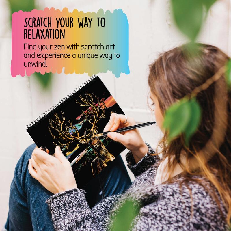 Scratch Art Book for Adults with Animal Designs, 10 A4 Foil Engraving Pages for Relaxing Screen-Free Crafts and Wildlife Art Gifts