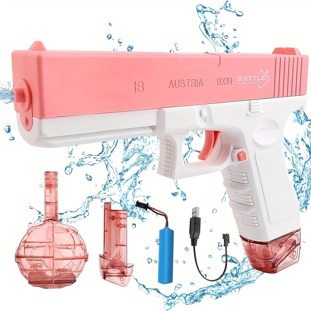 High-Capacity Automatic Water Gun Dual Magazine Long Range Soaker Blaster Ergonomic Grip Kids Summer Pool Outdoor Toy for Boys Girls Birthday Gift Pink Blue
