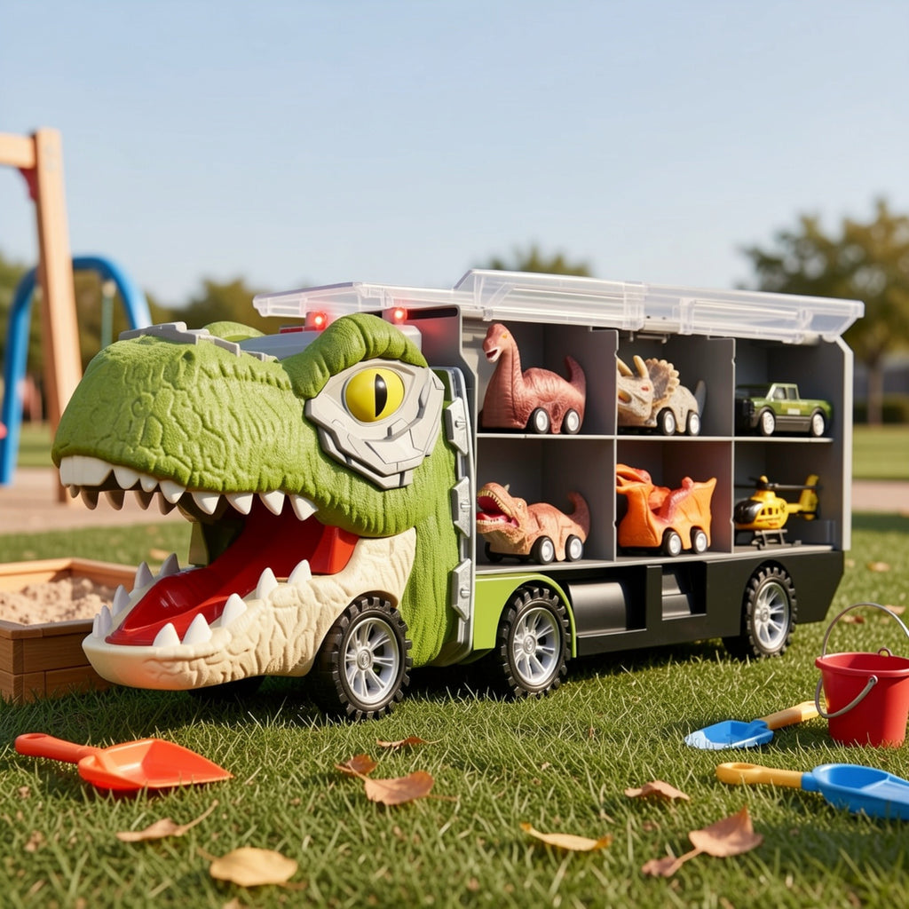 Dinosaur Truck Toy Set 13-in-1 for Kids – Transport Carrier with Sound & Lights, 12 Pull-Back Dino Cars & Helicopter, Birthday Gift for Boys Ages 3 4 5