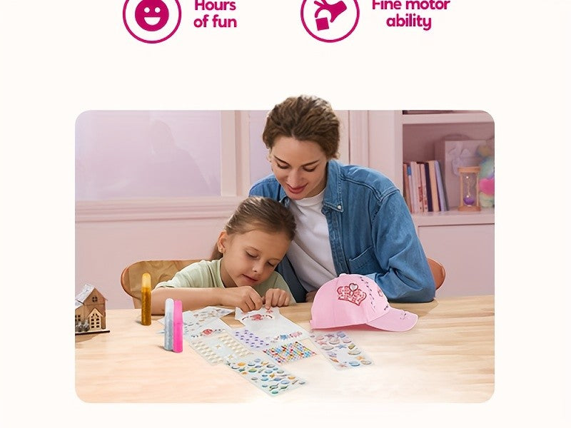 Decorate Your Own Pink Baseball Cap Kit with 7 Sheets Gem Stickers & Glitter Glue DIY Art Craft Toy Creative Gift for Girls Ages 6+