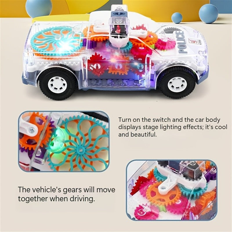 Electric Police Car Toy Transparent Gear Flashing Lights Music 360 Rotation Educational Toddler Toy for Kids Boys Girls Ages 3+ Birthday Christmas Gift