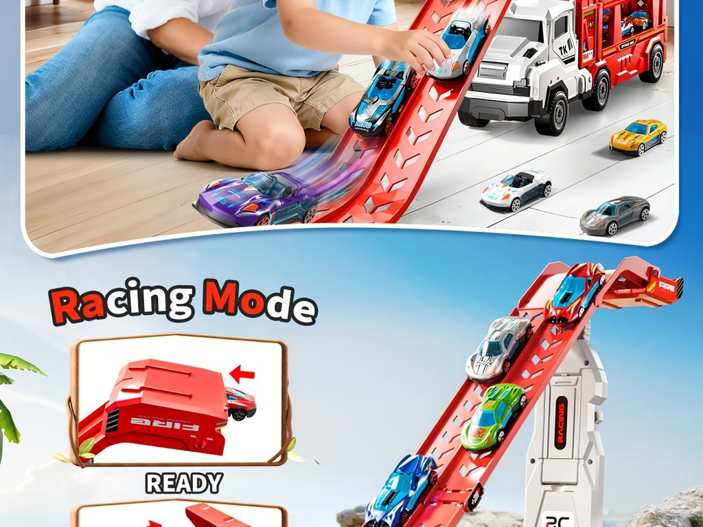 3-in-1 Kids Carrier Truck Toy with Car Tracks, 12 Racing Cars, Foldable Race Track & Garage – Toddler Birthday Gift for Boys Girls Ages 3+, Red