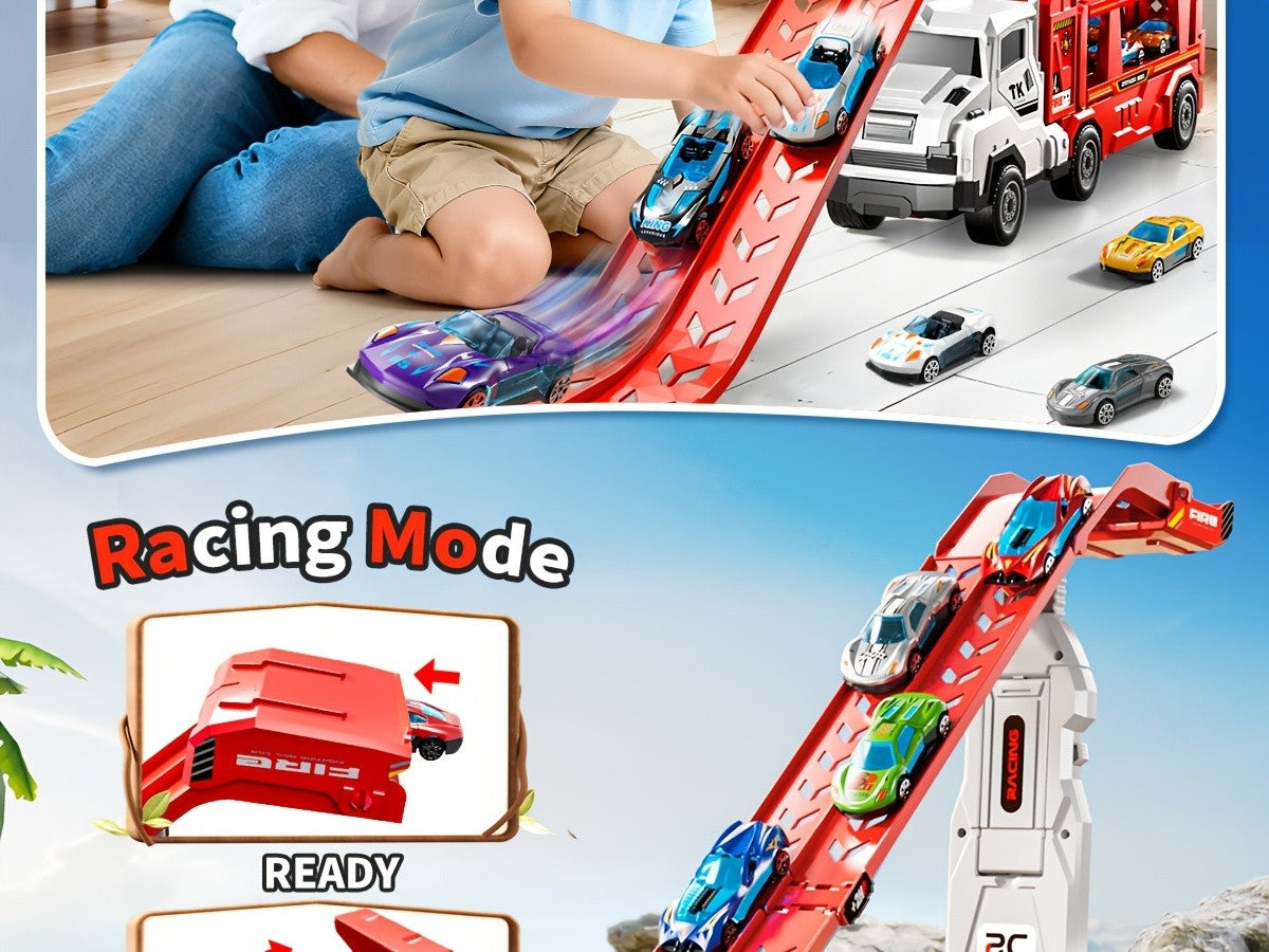 3-in-1 Kids Carrier Truck Toy with Car Tracks, 12 Racing Cars, Foldable Race Track & Garage – Toddler Birthday Gift for Boys Girls Ages 3+, Red