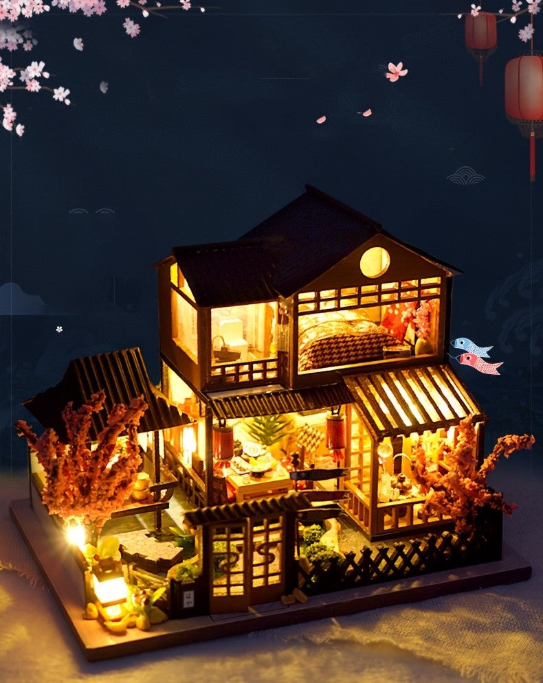 DIY Miniature Sakura House Kit – Wooden Dollhouse Building Kit for Adults, Model Craft Set with Furniture & Accessories, Christmas Halloween Birthday Gift