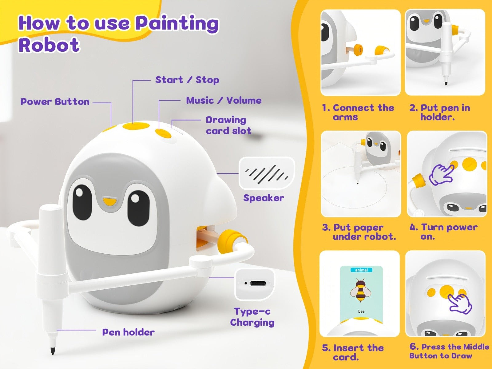 Drawing Robot for Kids with 200 Learning Cards & 12 Color Pens – Penguin Art Robot Toy, Interactive STEM Educational Drawing Toy for Boys Girls Ages 3+, USB Charging