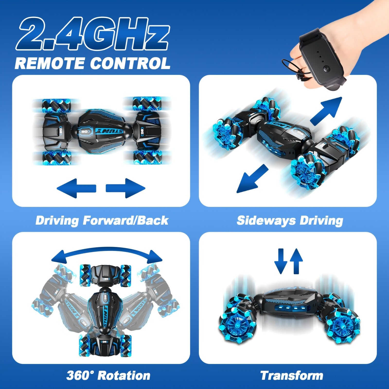 RC Stunt Car for Kids 8WD Dual Remote Control, 1:24 Scale 2.4GHz 28Km/h All-Terrain LED Race Car, Crash-Resistant Birthday Gift for Boys Girls