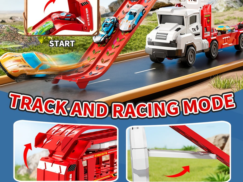 3-in-1 Kids Carrier Truck Toy with Car Tracks, 12 Racing Cars, Foldable Race Track & Garage – Toddler Birthday Gift for Boys Girls Ages 3+, Red