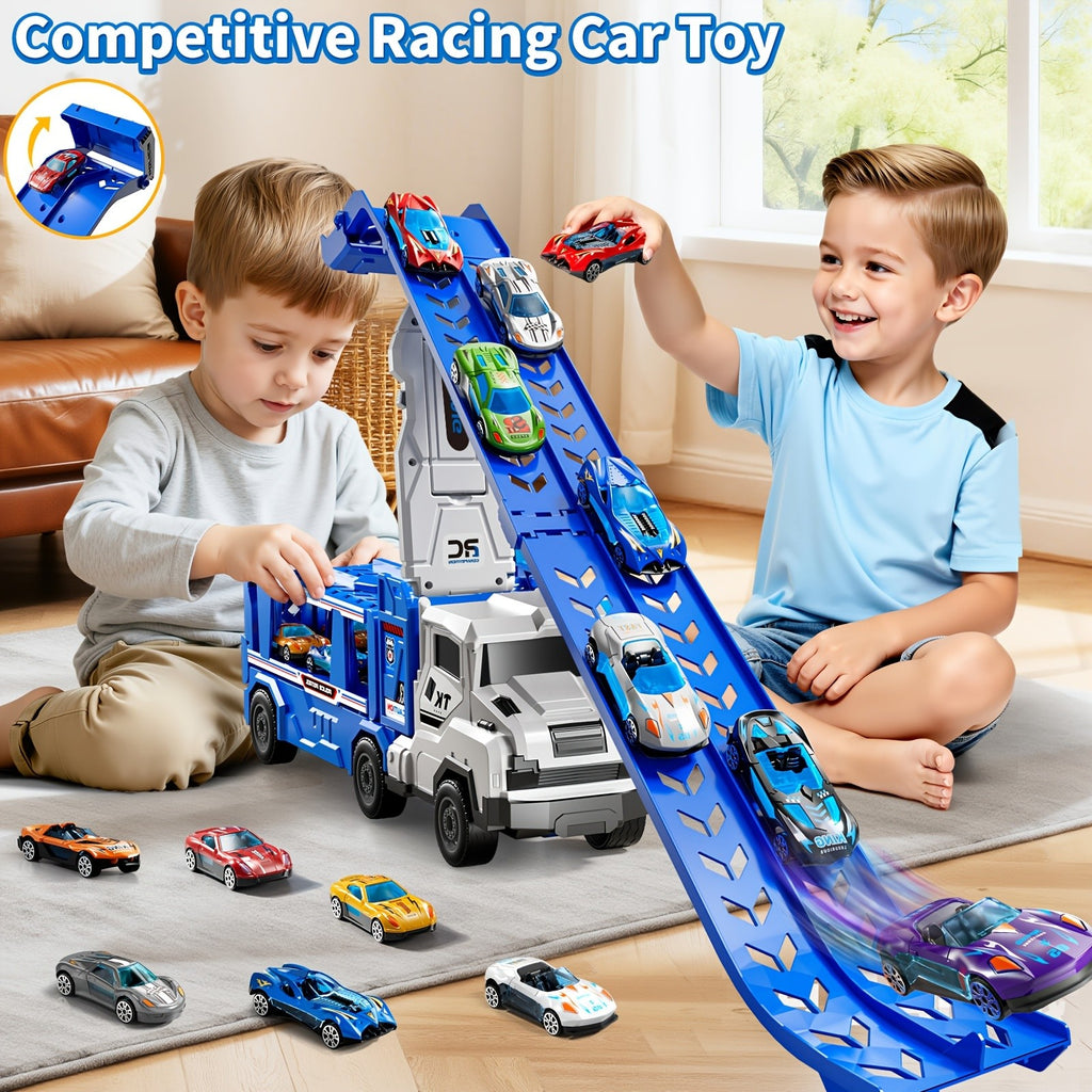 3-in-1 Kids Carrier Truck Toy with Car Tracks, 12 Racing Cars, Foldable Race Track & Garage – Toddler Birthday Gift for Boys Girls Ages 3+, Blue