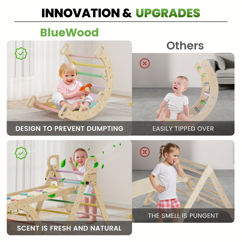 Pikler Triangle 8-in-1 Foldable Wooden Climbing Set Toddlers Indoor Jungle Gym with Slide Arch Rocker Montessori Toy Ages 1 2 3 4 5 Birthday Christmas Gift