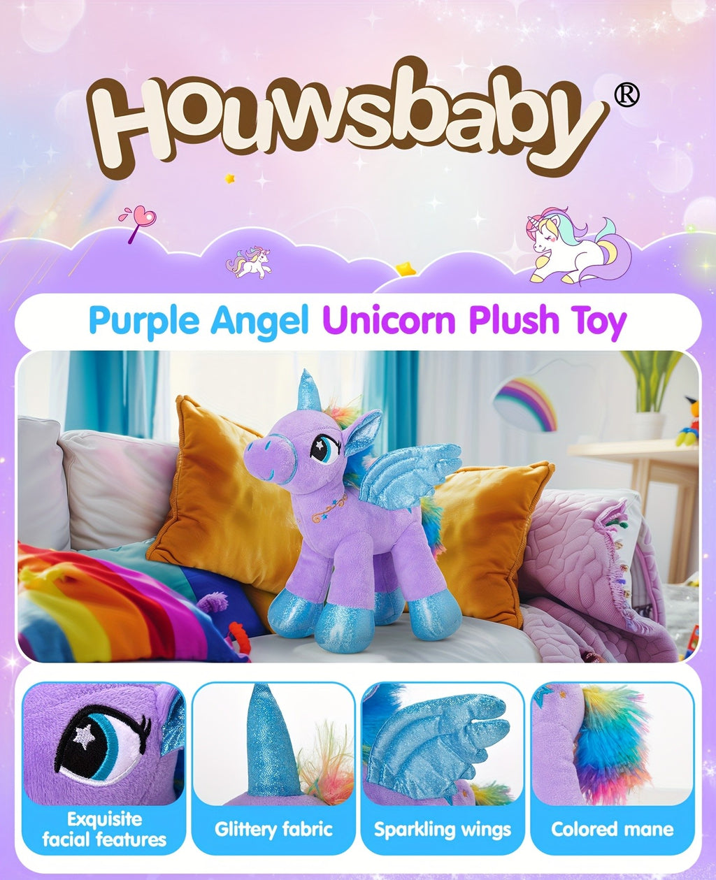 Glowing Unicorn Plush Toy 14 Inch – Purple Angel Unicorn Stuffed Animal with Flashing Night Light, Super Soft Hug Doll, Birthday Baby Shower Gift for Kids Girls, Princess Room Decor