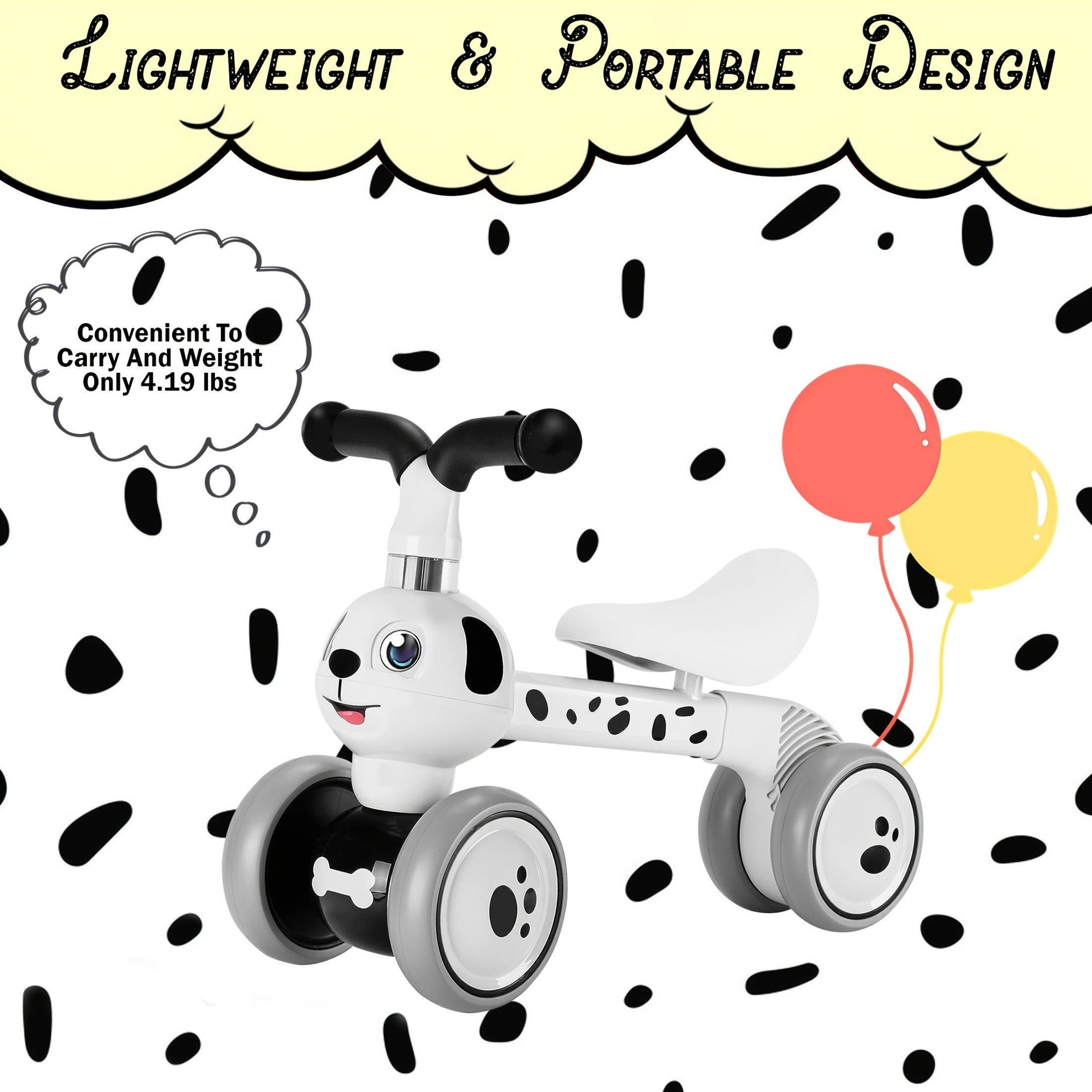 Toddler Balance Bike 10-36 Months – 4 Wheel No Pedal Baby Ride On Toy, Dalmatian Dog Style, Adjustable Seat & EVA Wheels – Best First Birthday Gift for Baby Boys & Girls
