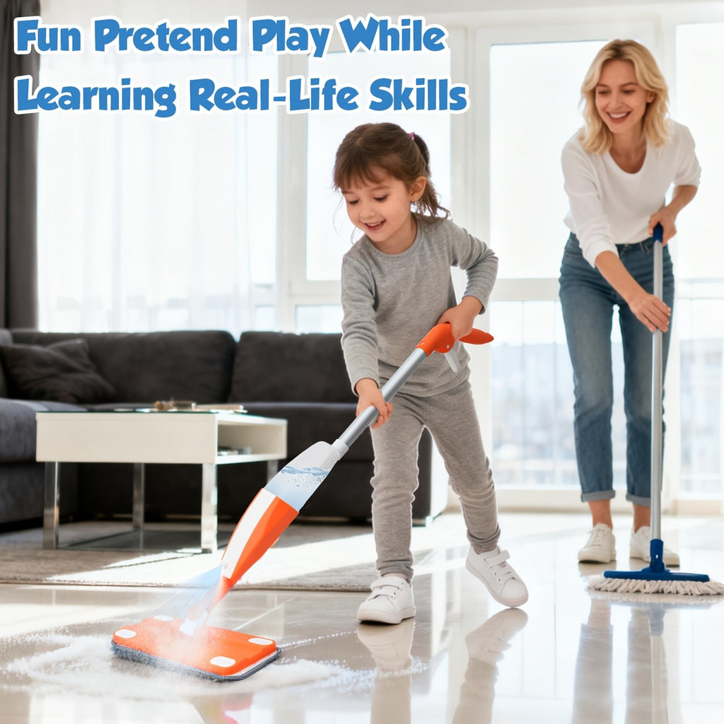 Kids Spray Mop Cleaning Toy Kit with Working Water Sprayer & Washable Pad – Mini Mop & Broom Pretend Play Set for Children Ages 3+, Christmas & Birthday Gift