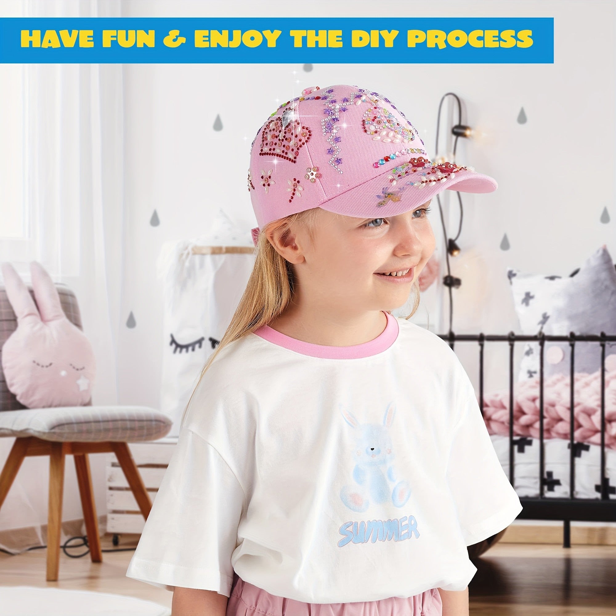 Decorate Your Own Pink Baseball Cap Kit with 7 Sheets Gem Stickers & Glitter Glue DIY Art Craft Toy Creative Gift for Girls Ages 6+