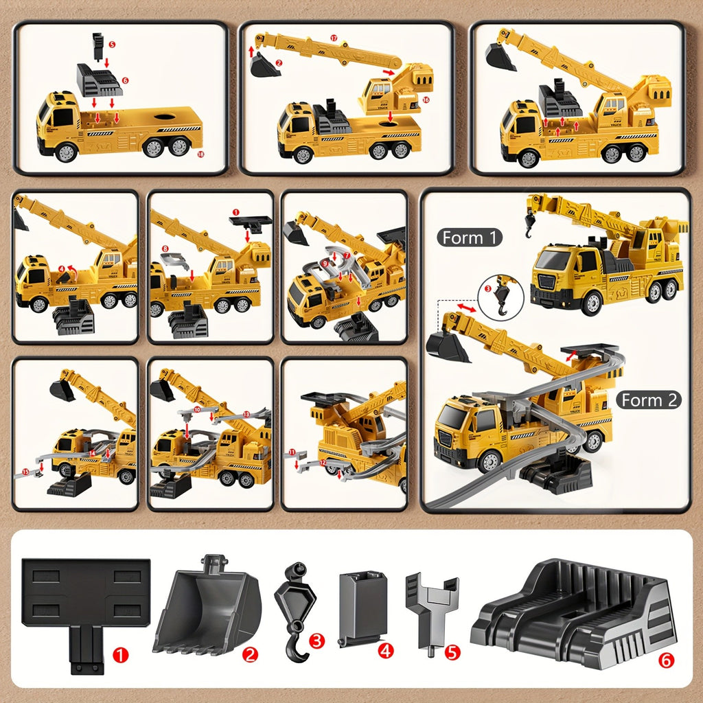 3-in-1 Construction Vehicle Toy Set Crane Excavator Racing Track with 8 Cars Lights Sounds STEM Playset for Kids Boys Girls Toddlers Ages 3+ Birthday Christmas Gift