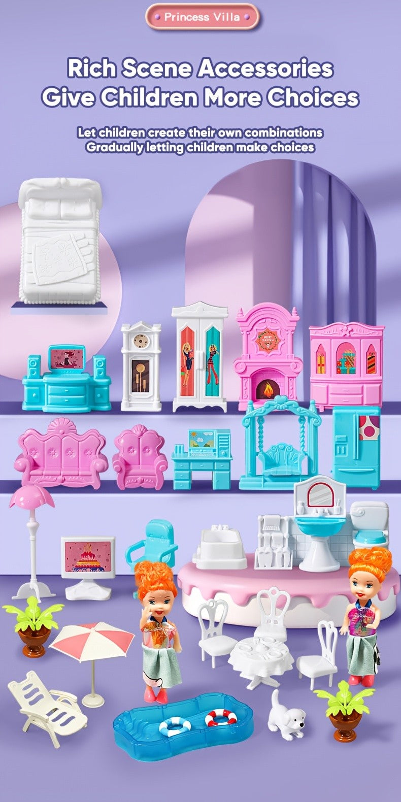 Dollhouse for Girls Ages 3-10 with Doll Figures Puppies Furniture Accessories LED Light - 6 to 16 Room Purple Playhouse, Imaginative Pretend Play Toy, Birthday Christmas Easter Gift for Girls