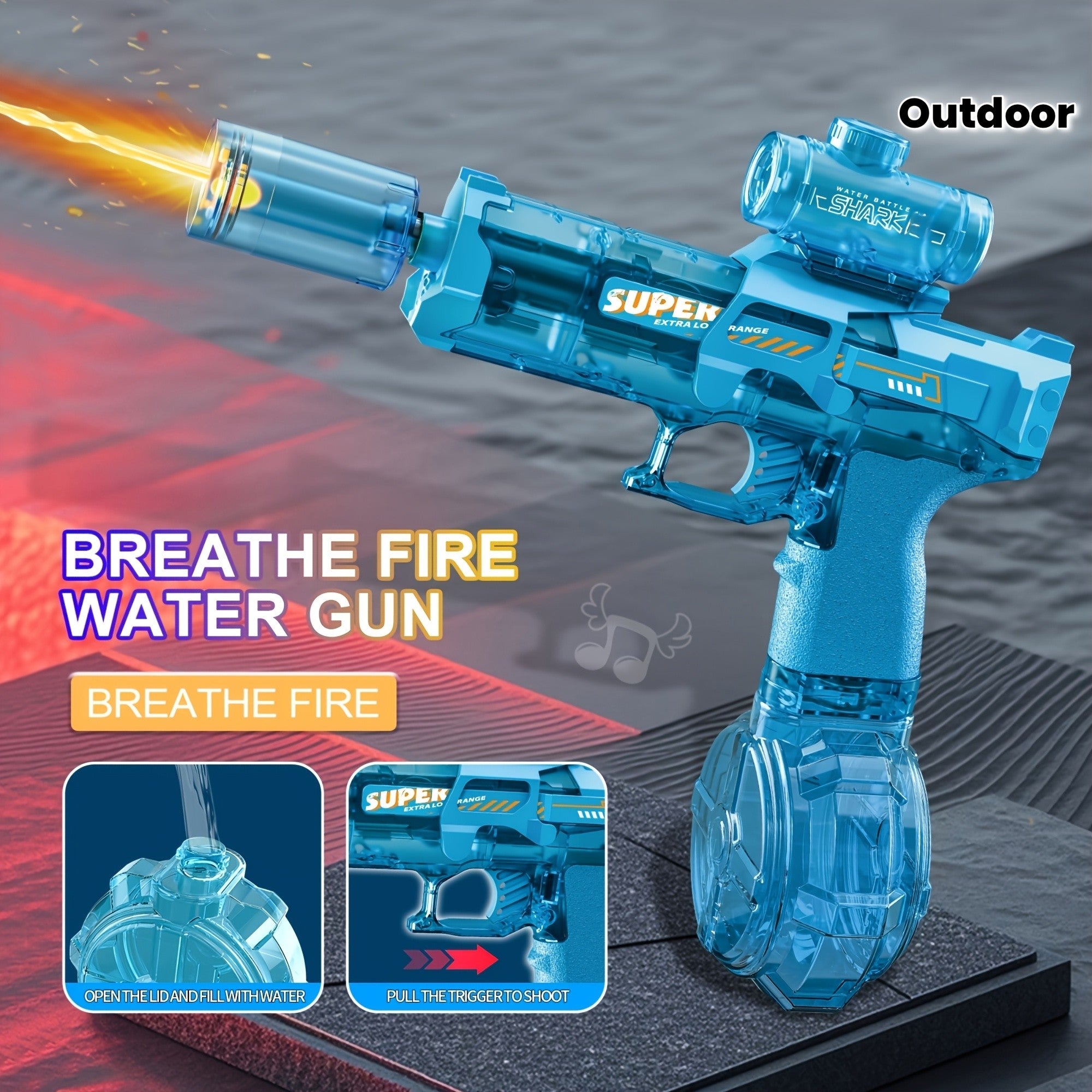 Electric Water Gun Handheld 32 Feet Range, Fire Pulse Flame Bubble Effect with LED Light & 2 Rechargeable Batteries, High Capacity Squirt Gun for Kids & Adults Pool Beach Backyard Outdoor Toy