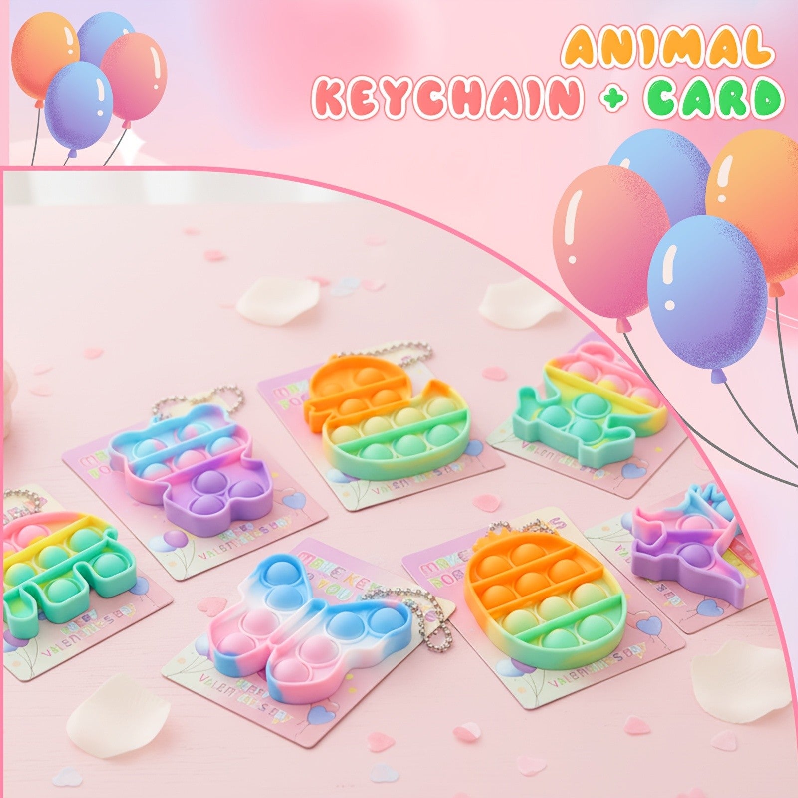 Animal Press Fidget Toy Set 32 or 36pcs with Keychain Pendant – 8 Cute Styles Bulk Party Favors for Kids, Classroom Rewards, Birthday Valentine’s Day Easter Gift