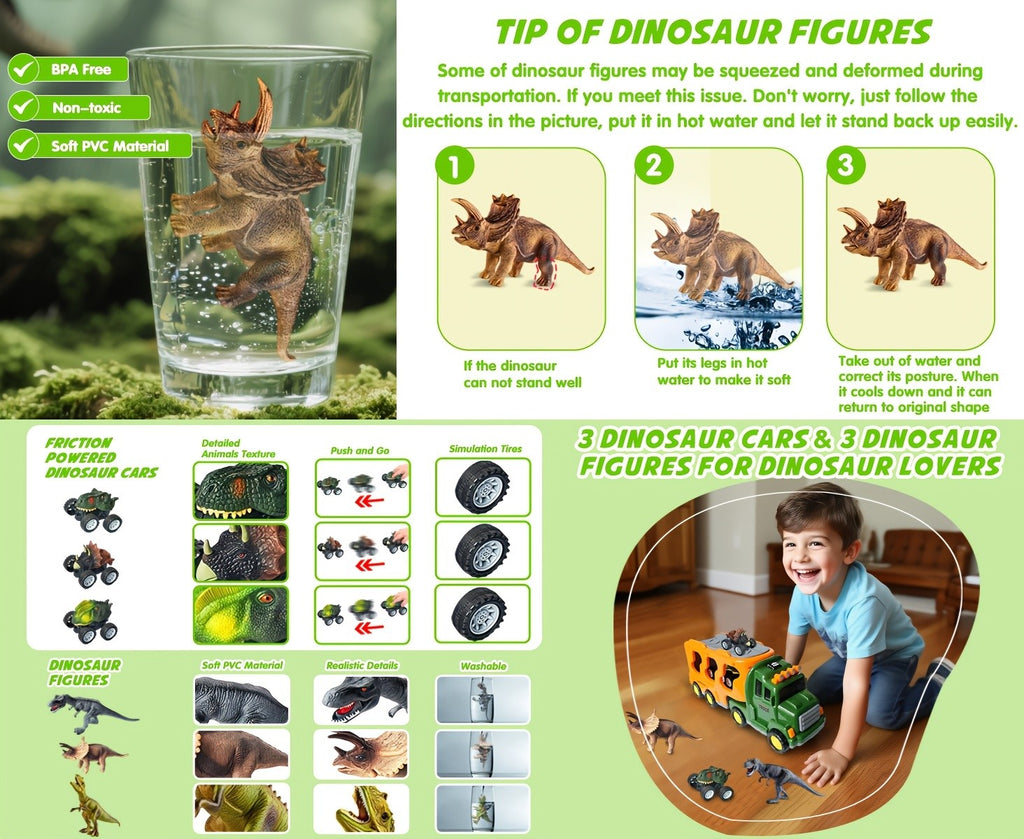 7-in-1 Dinosaur Transport Truck Toy Set with 3 Dino Figures 3 Monster Cars Lights Sounds Friction Push Go for Kids Boys Girls Ages 3 4 5 Birthday Christmas