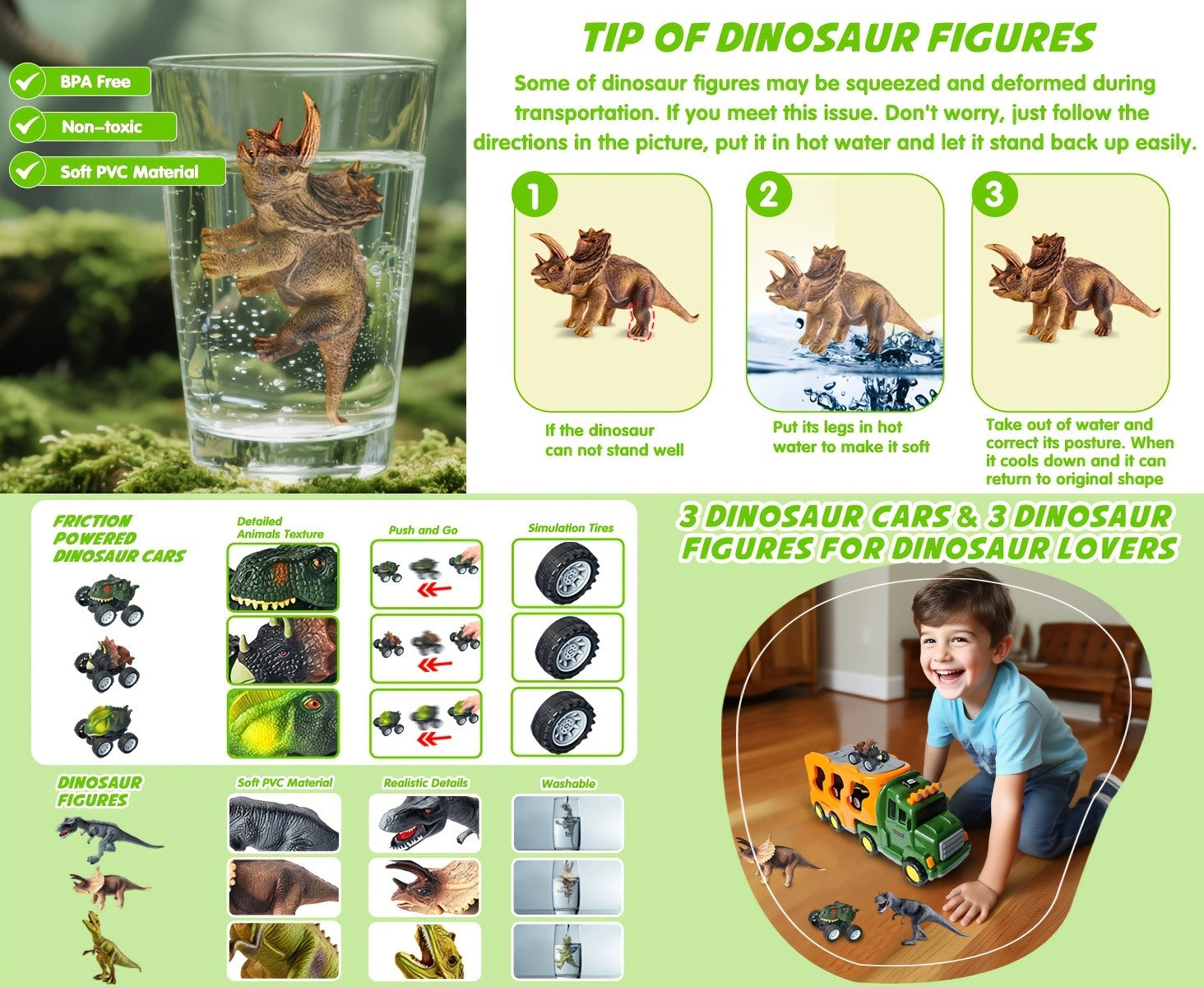 7-in-1 Dinosaur Transport Truck Toy Set with 3 Dino Figures 3 Monster Cars Lights Sounds Friction Push Go for Kids Boys Girls Ages 3 4 5 Birthday Christmas