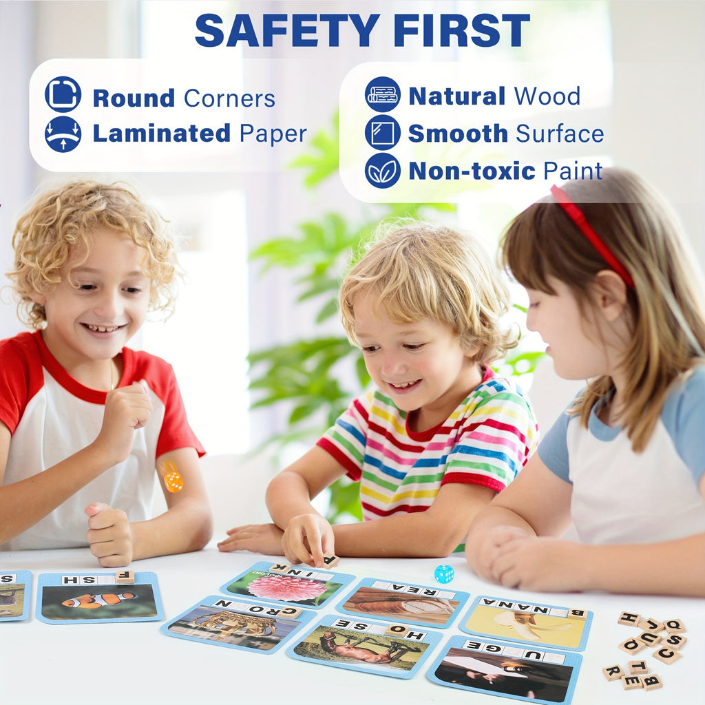 Spelling Game Flash Cards for Kids with 224 Sight Word Cards & 208 Wood Letter Tiles - Phonics Learning Game for Kindergarten Preschool Ages 4-8, Autism ADHD Friendly, Birthday Christmas Gift Boys Girls