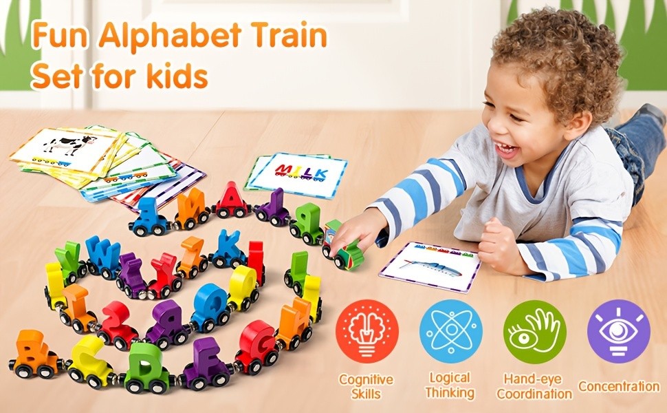 Magnetic Wooden Alphabet Train Set 27pcs – ABC Letter Learning Toy with 42 Flash Cards Engine Storage Bag – Educational Toy for Kids Boys Girls Ages 3 4 5 6