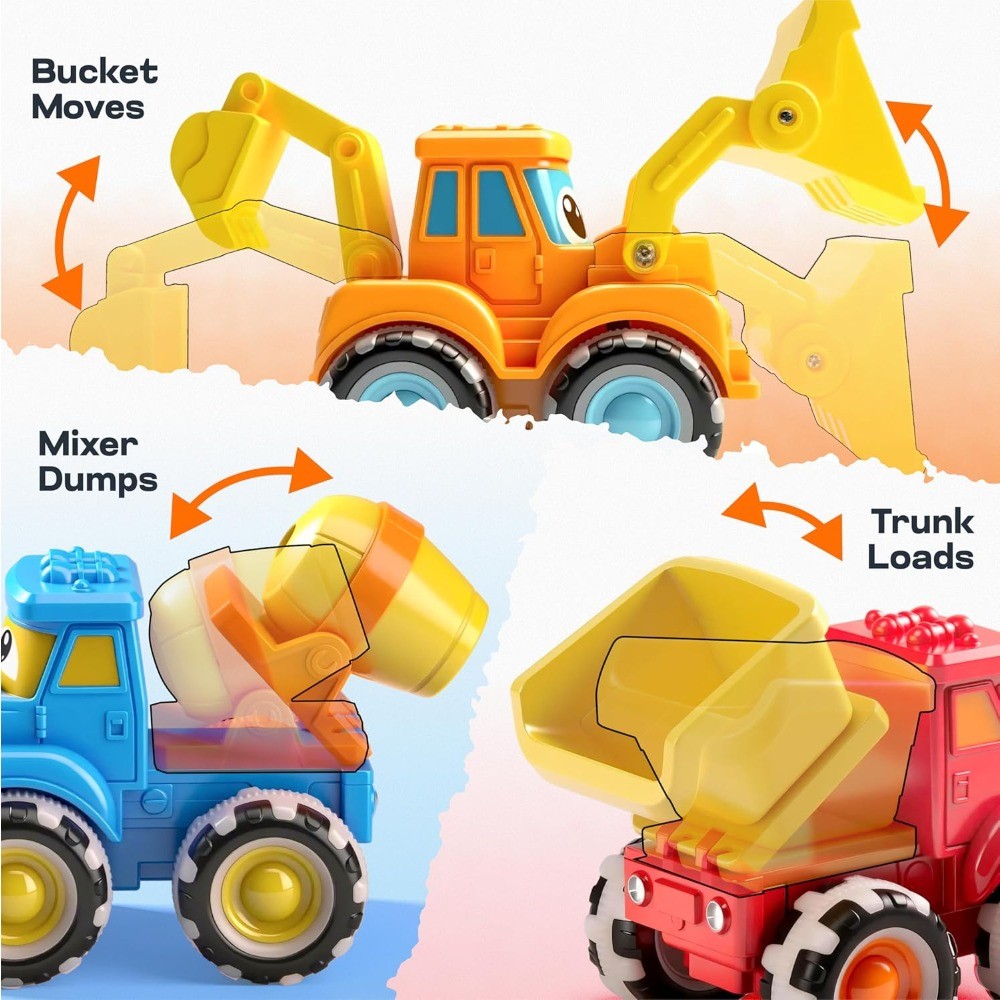 Monster Truck Toys for Toddlers 3 Pack with LED Light Up Wheels – Friction Powered Construction Cars Bulldozer Dump Truck Concrete Mixer