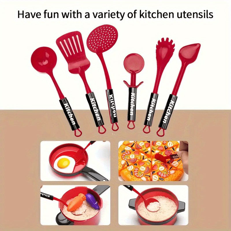 Kids Kitchen Playset 51-Piece Red, Pretend Play Cooking Set with Cookware Tableware & Food, Learning Gift for Boys Girls Toddlers, Birthday Christmas Halloween