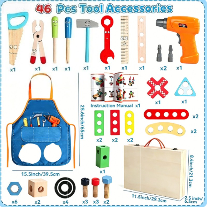 Wooden Kids Tool Set 44 Pcs with Electric Drill Apron Storage Box Educational Toy for Boys Girls Ages 3 and Up Hands-On Skills Birthday Christmas Gift