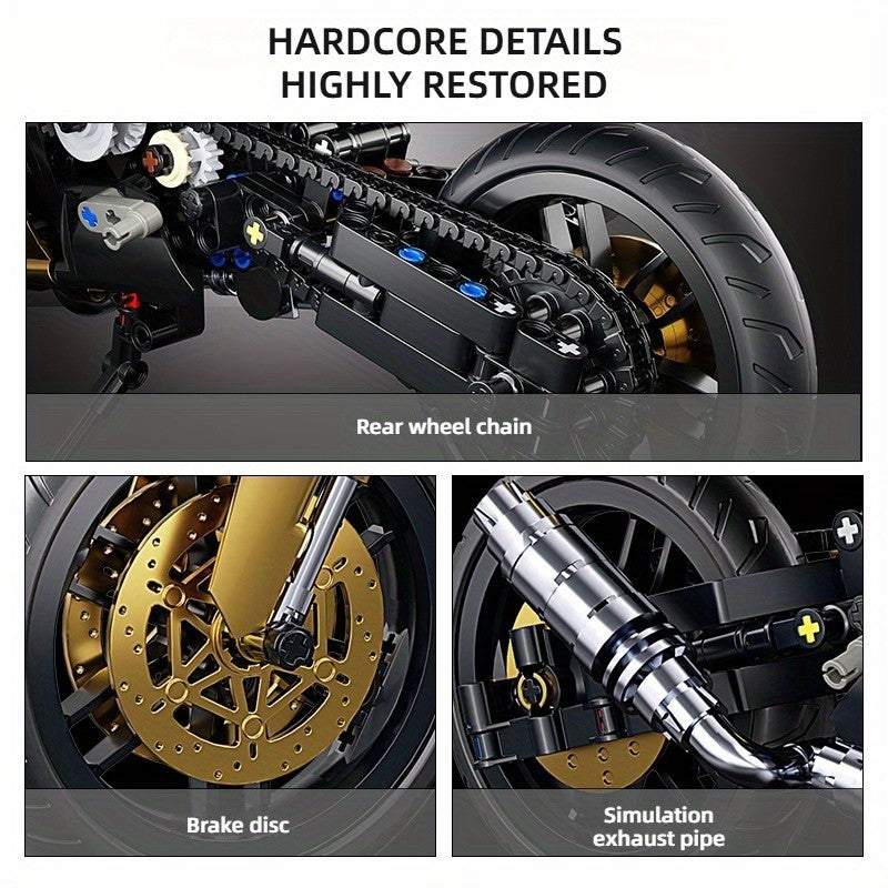 Motorcycle Building Blocks 1000pcs 1:10 Scale DIY Model Kit – Black & Gold Collectible Motorbike Display Ornament for Adults – Large Size Brick Set, Birthday & Christmas Gift for Motorcycle Fans