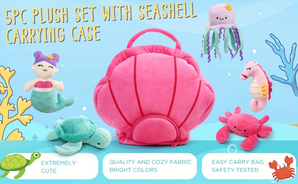 Ocean Stuffed Animal Set 5PCS – Sea Creature Plush Toys with Shell Carrying Bag, Mermaid Turtle Octopus Seahorse Crab Plushies for Kids, Birthday Christmas Gift for Girls Boys