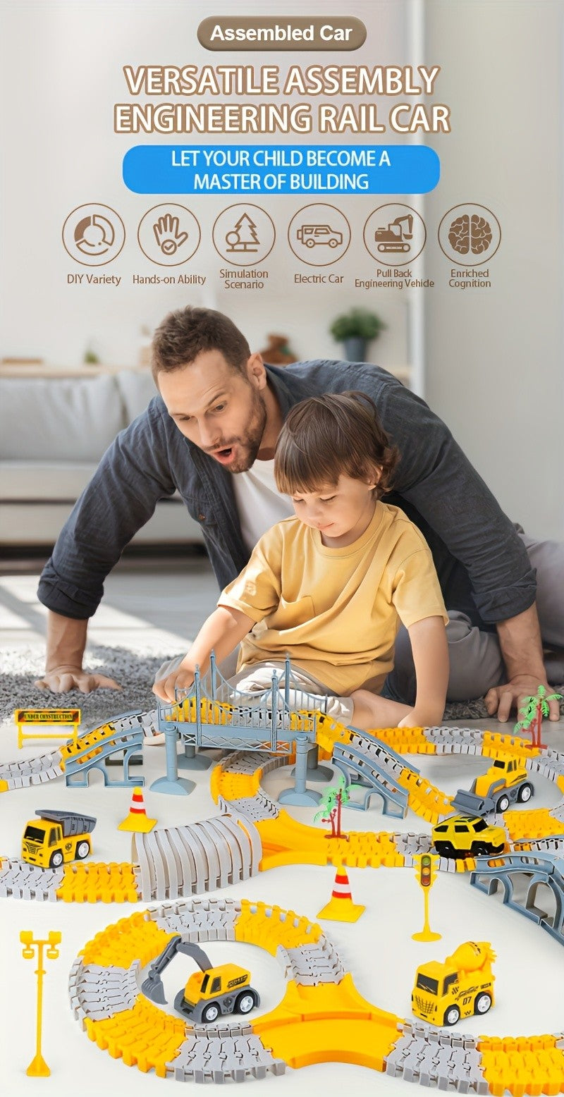 Kids Electric Track Car Toy Set Engineering Race Track with Elevated Bridge Tunnel Roller Coaster Scene Building Assembly – Birthday Gift Boys Girls Ages 3-8