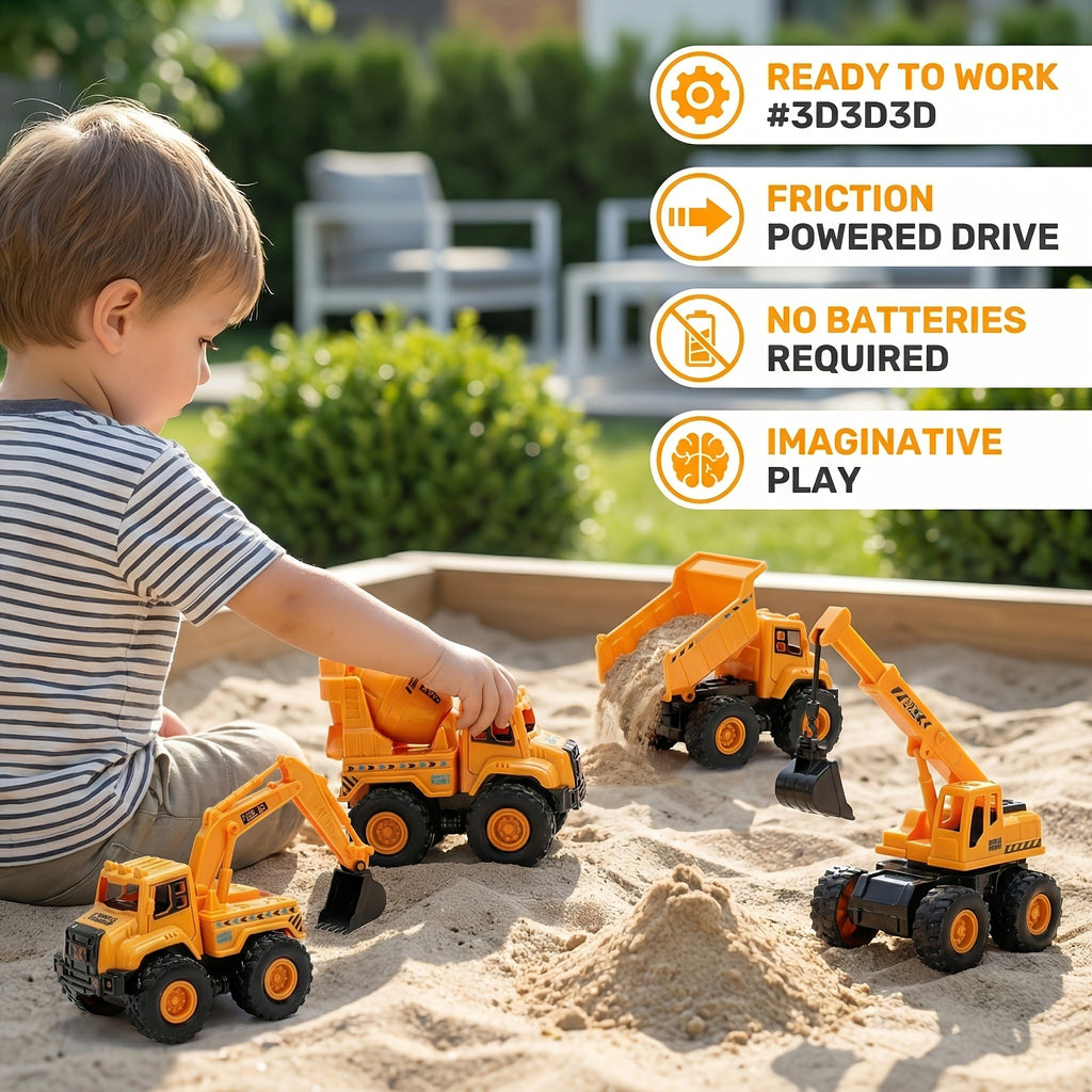 4-Piece STEM Construction Toy Vehicle Kit Excavator Dump Truck Crane Cement Mixer Sandbox Toy for Kids Ages 3+ Hands-On Learning Halloween Christmas Gift